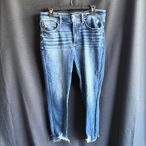 Buckle Mid Wash Skinny Jeans with Frayed Hem